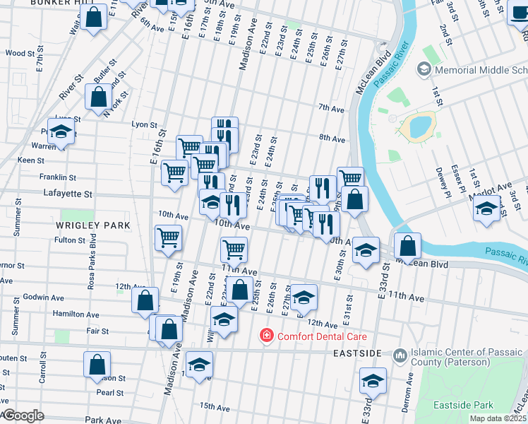 map of restaurants, bars, coffee shops, grocery stores, and more near 433 East 25th Street in Paterson