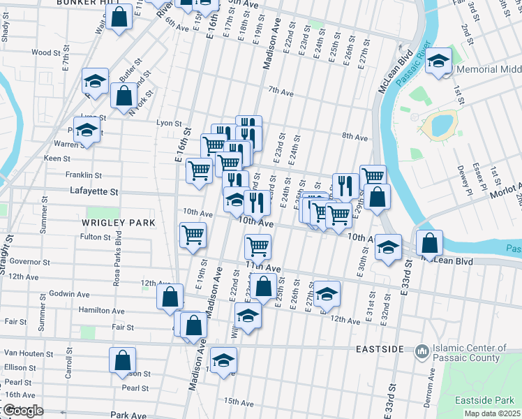 map of restaurants, bars, coffee shops, grocery stores, and more near 461 East 23rd Street in Paterson
