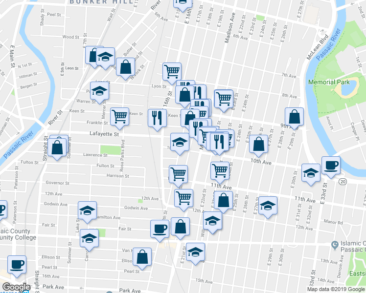 map of restaurants, bars, coffee shops, grocery stores, and more near 456 East 18th Street in Paterson