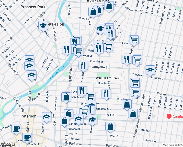 map of restaurants, bars, coffee shops, grocery stores, and more near 122 Montgomery Street in Paterson