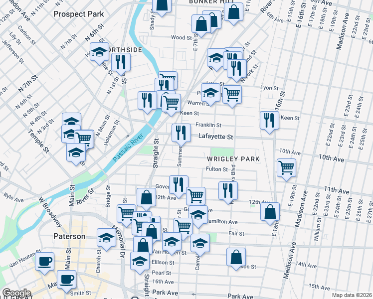 map of restaurants, bars, coffee shops, grocery stores, and more near 111 Lawrence Street in Paterson