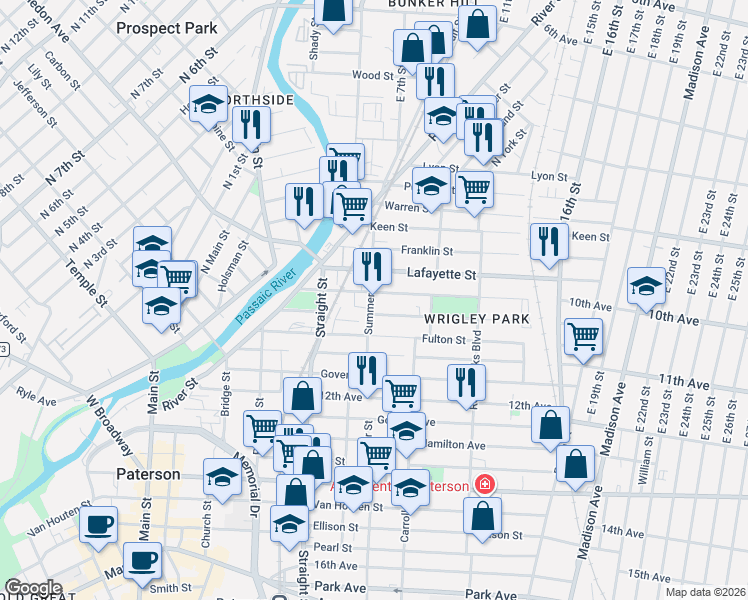 map of restaurants, bars, coffee shops, grocery stores, and more near 111 Lawrence Street in Paterson
