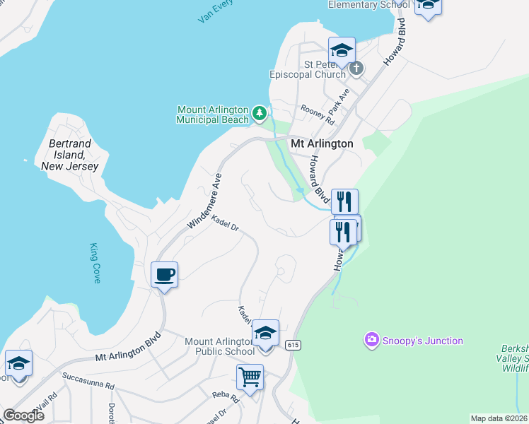 map of restaurants, bars, coffee shops, grocery stores, and more near 2 Ridgeview Lane in Mount Arlington