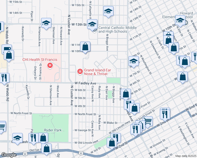 map of restaurants, bars, coffee shops, grocery stores, and more near 2112 West Faidley Avenue in Grand Island