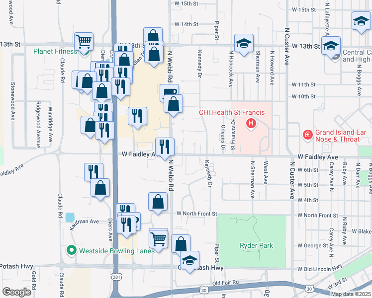 map of restaurants, bars, coffee shops, grocery stores, and more near 659 Faidley Place in Grand Island