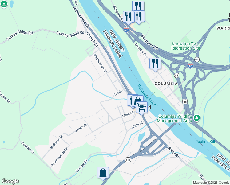 map of restaurants, bars, coffee shops, grocery stores, and more near 601 Washington Street in Mount Bethel