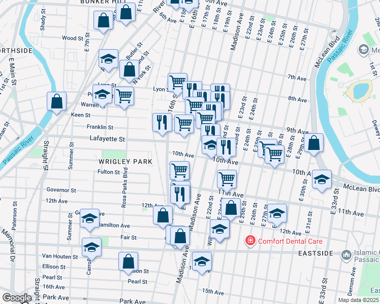 map of restaurants, bars, coffee shops, grocery stores, and more near 449 East 18th Street in Paterson