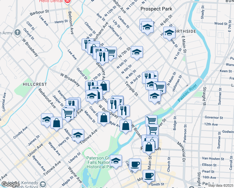 map of restaurants, bars, coffee shops, grocery stores, and more near 3 North 3rd Street in Paterson