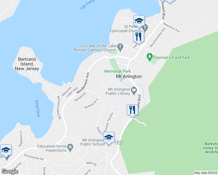 map of restaurants, bars, coffee shops, grocery stores, and more near 92 Ridgeview Lane in Mount Arlington