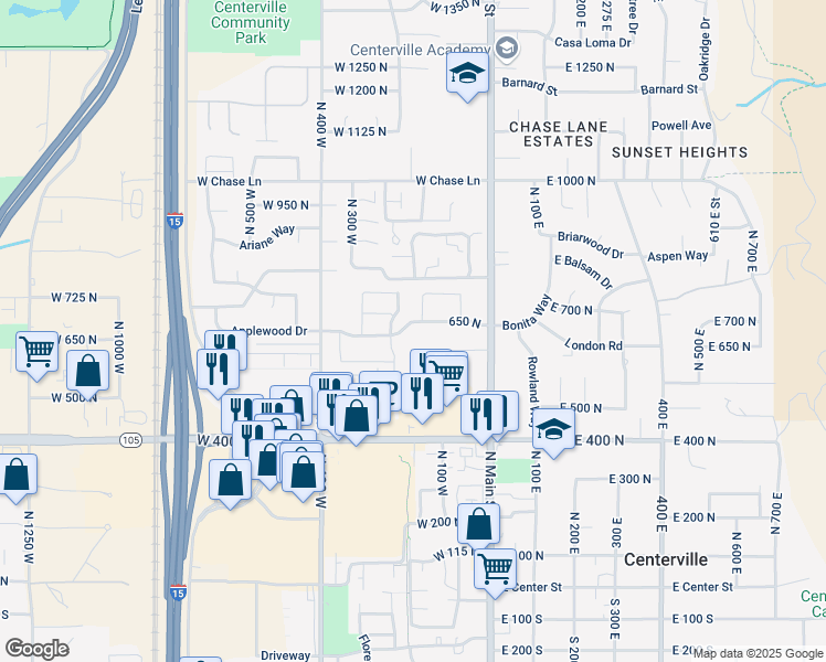 map of restaurants, bars, coffee shops, grocery stores, and more near 181 650 North in Centerville