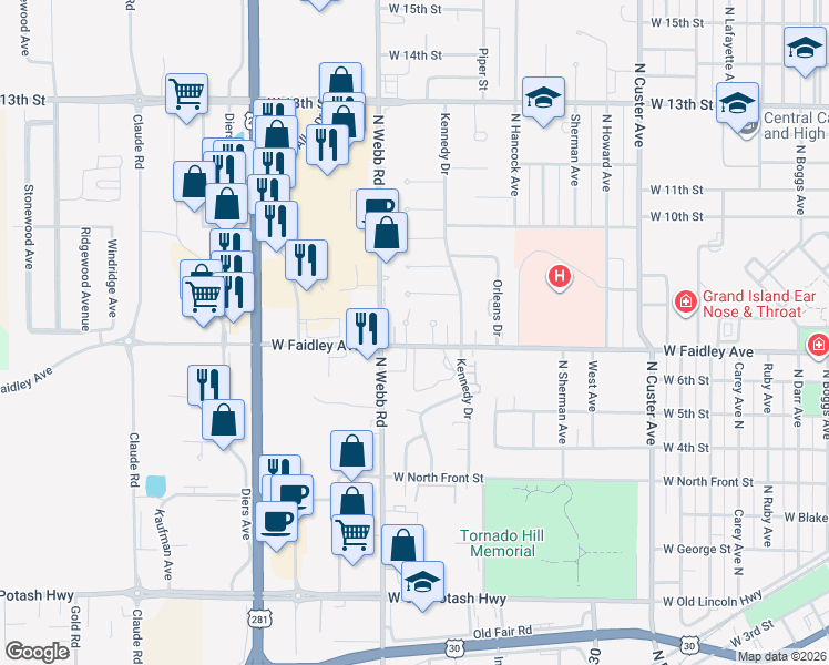 map of restaurants, bars, coffee shops, grocery stores, and more near 659 Faidley Place in Grand Island