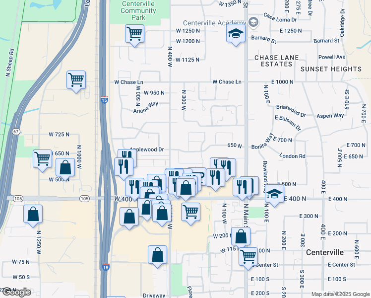 map of restaurants, bars, coffee shops, grocery stores, and more near 655 North 310 West in Centerville