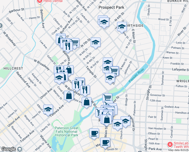 map of restaurants, bars, coffee shops, grocery stores, and more near Temple St & Sandy Ct in Paterson