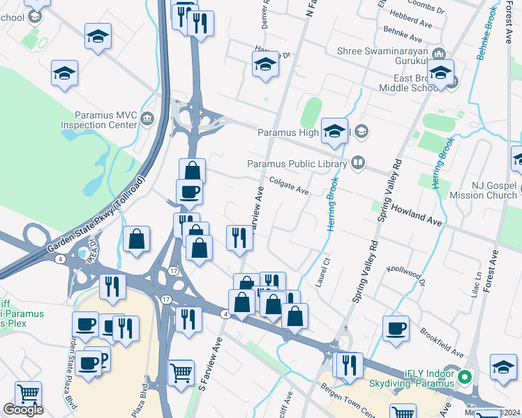 map of restaurants, bars, coffee shops, grocery stores, and more near 78 North Farview Avenue in Paramus