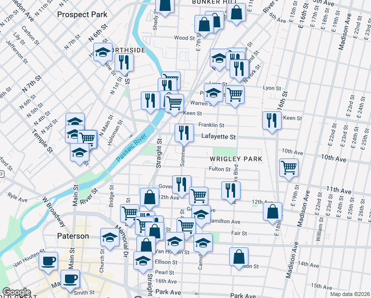 map of restaurants, bars, coffee shops, grocery stores, and more near 111 Lawrence Street in Paterson
