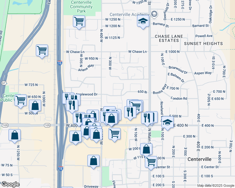 map of restaurants, bars, coffee shops, grocery stores, and more near 282 650 North in Centerville