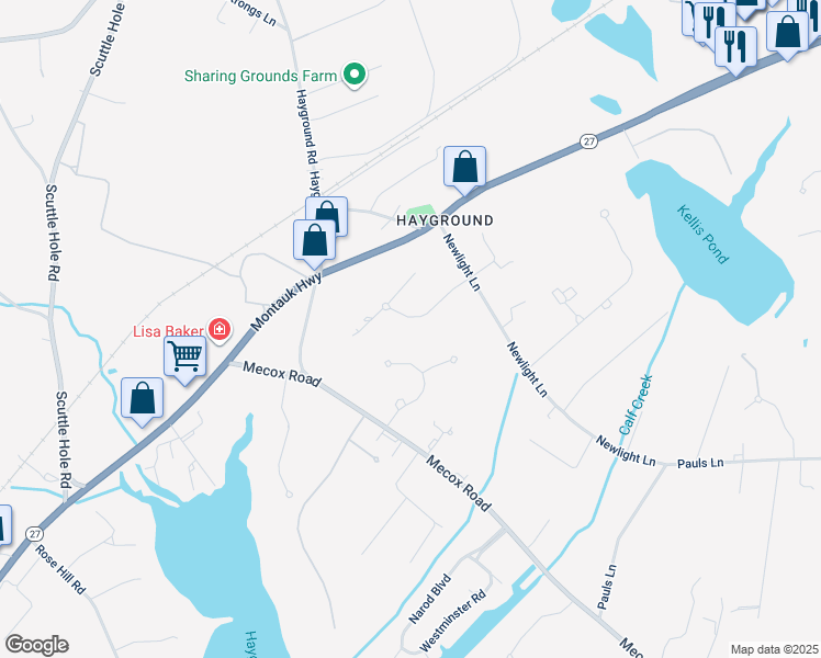 map of restaurants, bars, coffee shops, grocery stores, and more near 79 Osprey Way in Water Mill