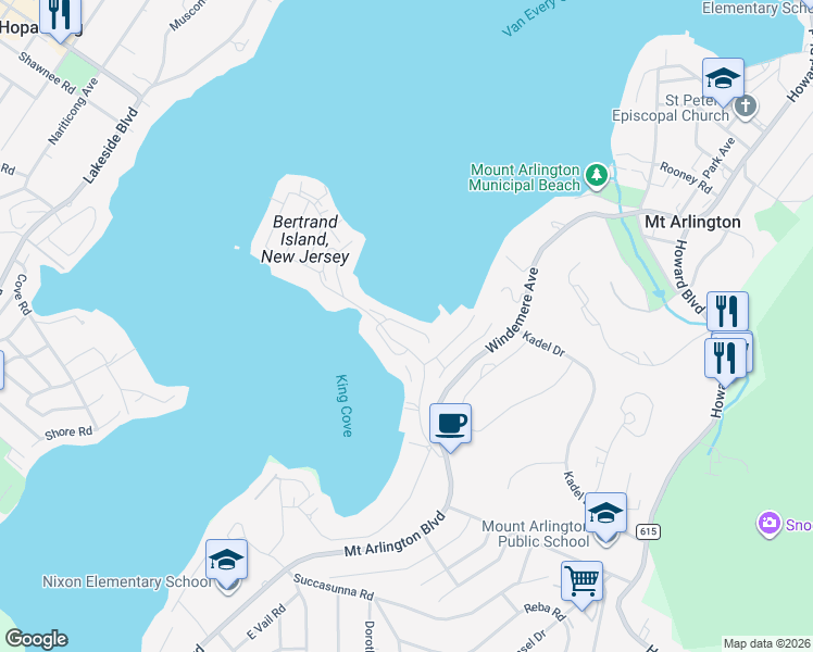 map of restaurants, bars, coffee shops, grocery stores, and more near Lakeshore Dr in Mt Arlington