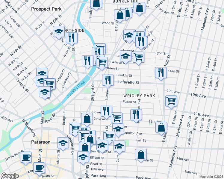 map of restaurants, bars, coffee shops, grocery stores, and more near 111 Lawrence Street in Paterson