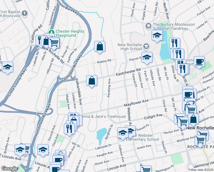 map of restaurants, bars, coffee shops, grocery stores, and more near 108 Pershing Avenue in New Rochelle