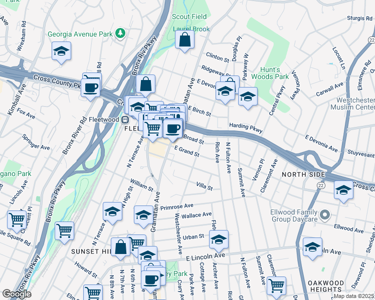 map of restaurants, bars, coffee shops, grocery stores, and more near 42 East Grand Street in Mount Vernon