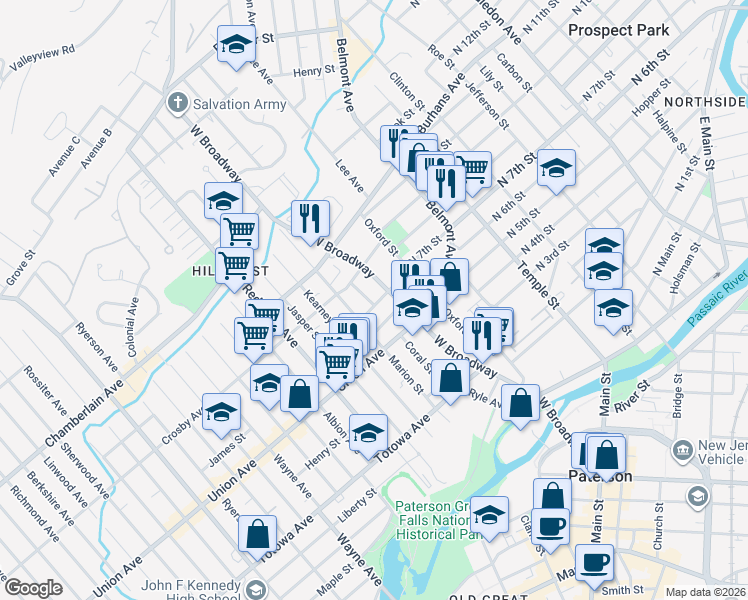 map of restaurants, bars, coffee shops, grocery stores, and more near 22 Garrison Street in Paterson