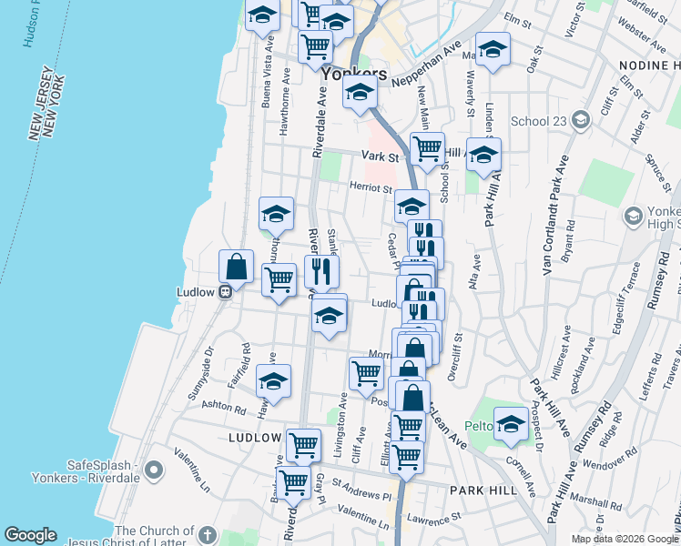 map of restaurants, bars, coffee shops, grocery stores, and more near 7 Highland Place in Yonkers