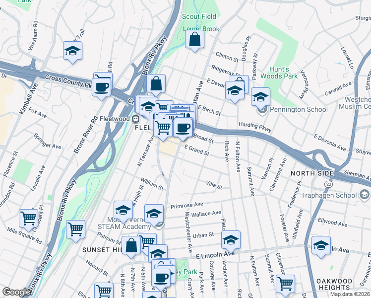 map of restaurants, bars, coffee shops, grocery stores, and more near 505 Gramatan Avenue in Mount Vernon