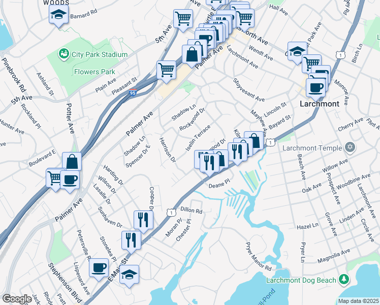 map of restaurants, bars, coffee shops, grocery stores, and more near 60 Iselin Terrace in Larchmont