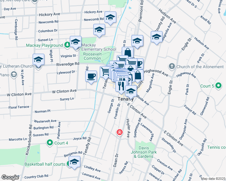 map of restaurants, bars, coffee shops, grocery stores, and more near 27 West Clinton Avenue in Tenafly
