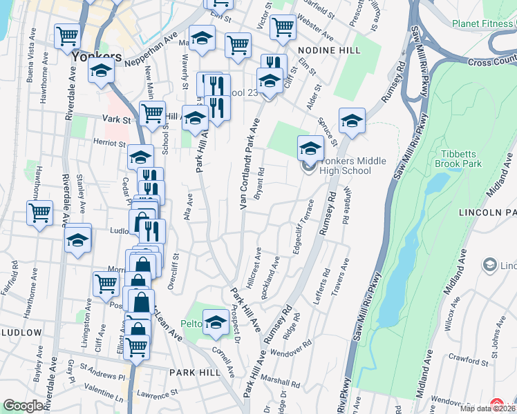 map of restaurants, bars, coffee shops, grocery stores, and more near 25 Lanark Road in Yonkers