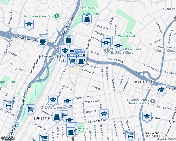 map of restaurants, bars, coffee shops, grocery stores, and more near 42 East Grand Street in Mount Vernon