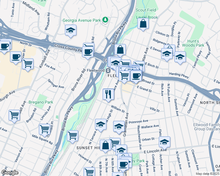 map of restaurants, bars, coffee shops, grocery stores, and more near 651 North Terrace Avenue in Mount Vernon