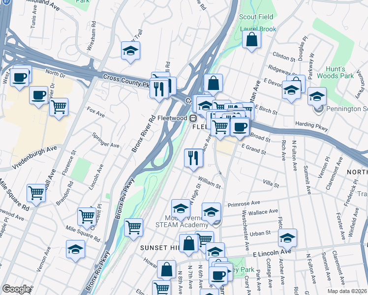 map of restaurants, bars, coffee shops, grocery stores, and more near 642 Locust Street in Mount Vernon