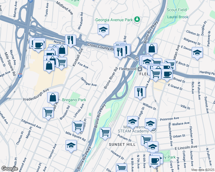 map of restaurants, bars, coffee shops, grocery stores, and more near in Yonkers