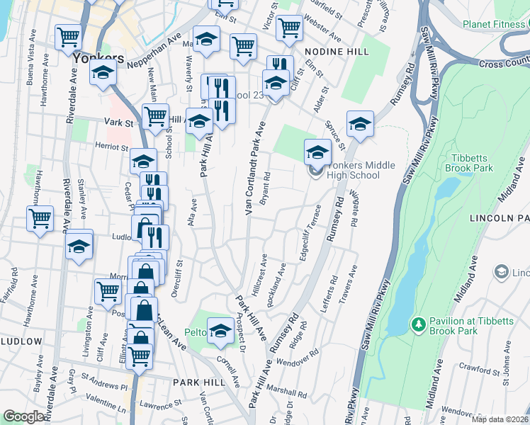 map of restaurants, bars, coffee shops, grocery stores, and more near 25 Lanark Road in Yonkers