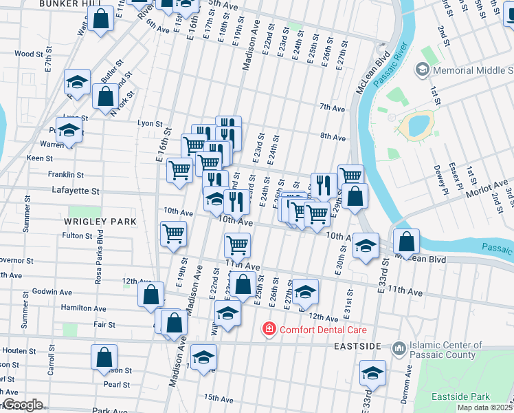 map of restaurants, bars, coffee shops, grocery stores, and more near 461 East 23rd Street in Paterson