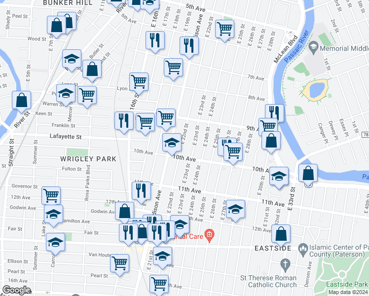 map of restaurants, bars, coffee shops, grocery stores, and more near 468 East 22nd Street in Paterson
