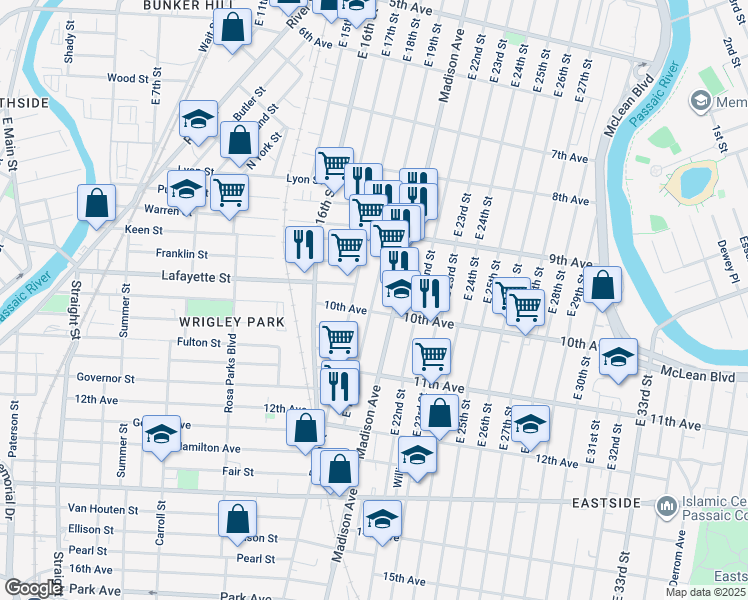 map of restaurants, bars, coffee shops, grocery stores, and more near 305 10th Avenue in Paterson