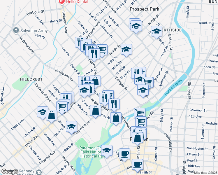 map of restaurants, bars, coffee shops, grocery stores, and more near 22 Arlington Street in Paterson