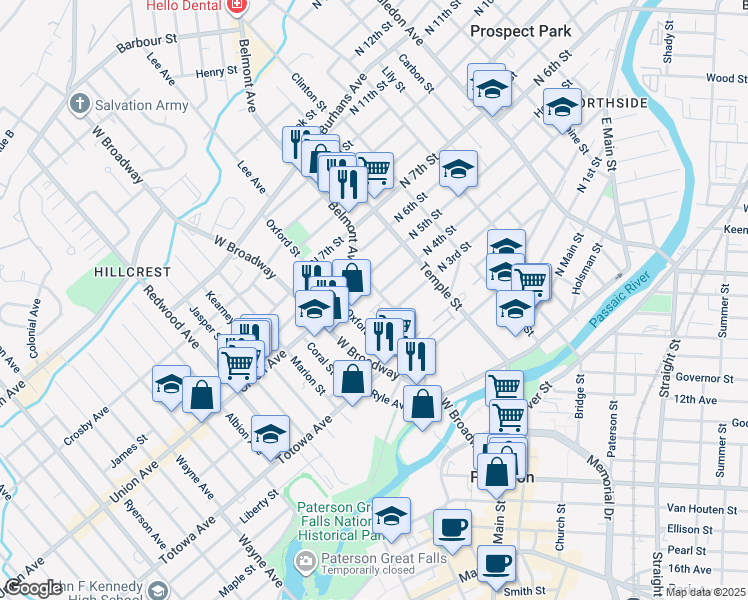 map of restaurants, bars, coffee shops, grocery stores, and more near 22 Arlington Street in Paterson