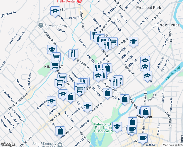 map of restaurants, bars, coffee shops, grocery stores, and more near 22 Garrison Street in Paterson