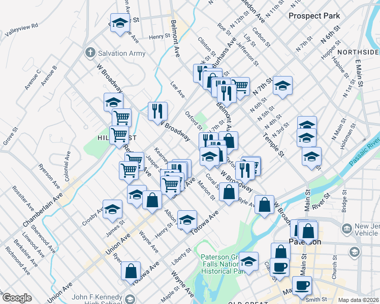 map of restaurants, bars, coffee shops, grocery stores, and more near 22 Garrison Street in Paterson