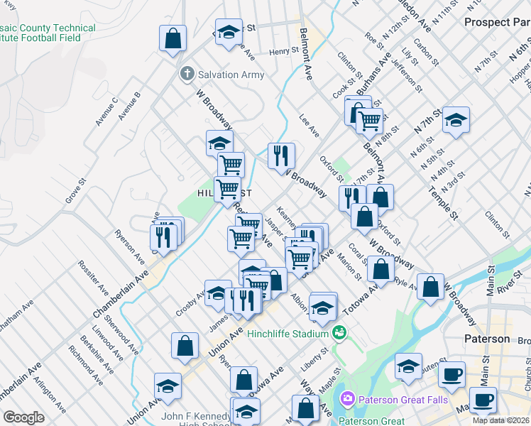 map of restaurants, bars, coffee shops, grocery stores, and more near 6 Doremus Street in Paterson