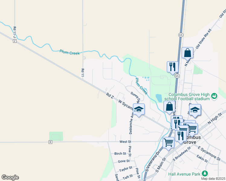map of restaurants, bars, coffee shops, grocery stores, and more near 629 West Sycamore Street in Columbus Grove