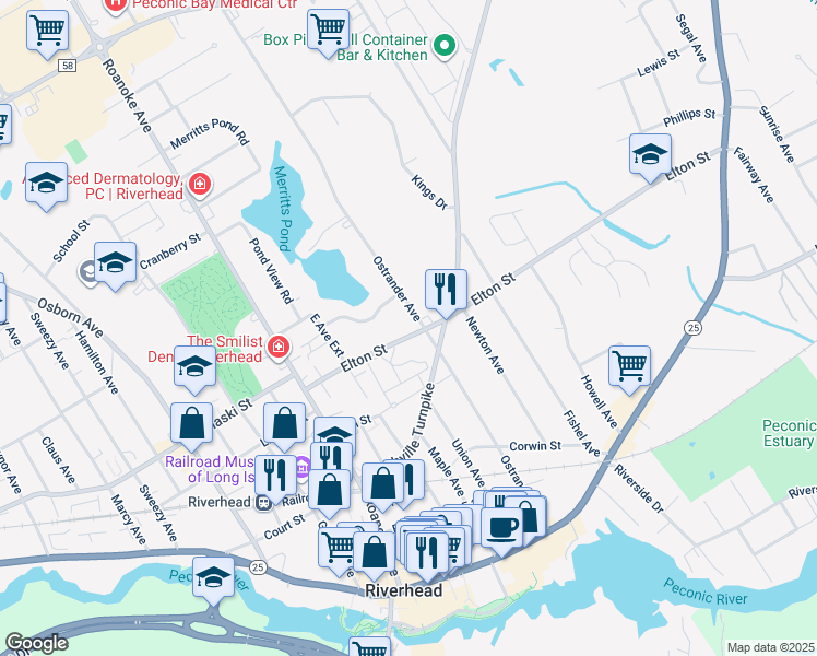 map of restaurants, bars, coffee shops, grocery stores, and more near 290 Elton Street in Riverhead