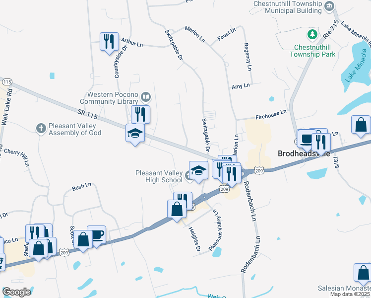 map of restaurants, bars, coffee shops, grocery stores, and more near SR 115 in BRODHEADSVLLE