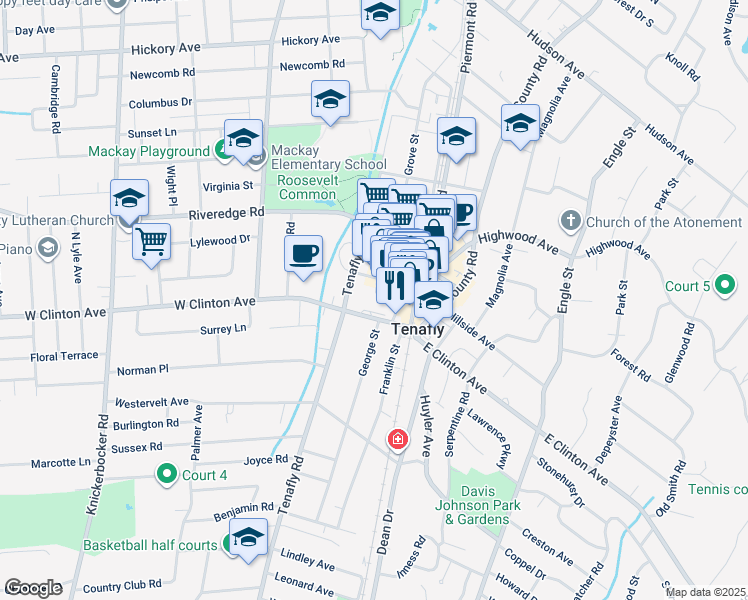 map of restaurants, bars, coffee shops, grocery stores, and more near 27 West Clinton Avenue in Tenafly