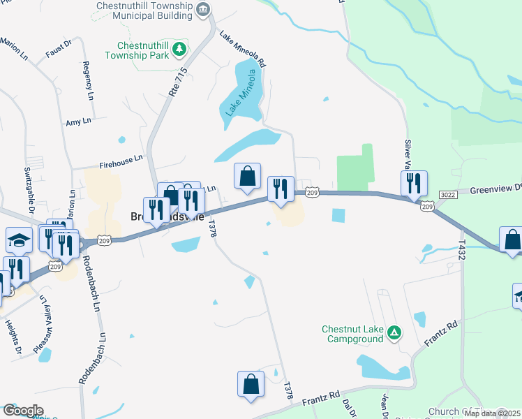 map of restaurants, bars, coffee shops, grocery stores, and more near 1844 U.S. 209 in Brodheadsville