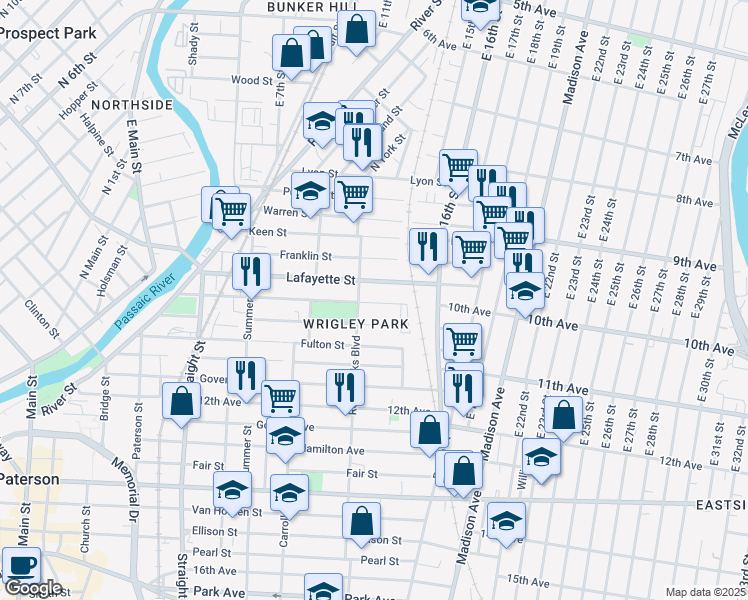 map of restaurants, bars, coffee shops, grocery stores, and more near 181 Montgomery Street in Paterson